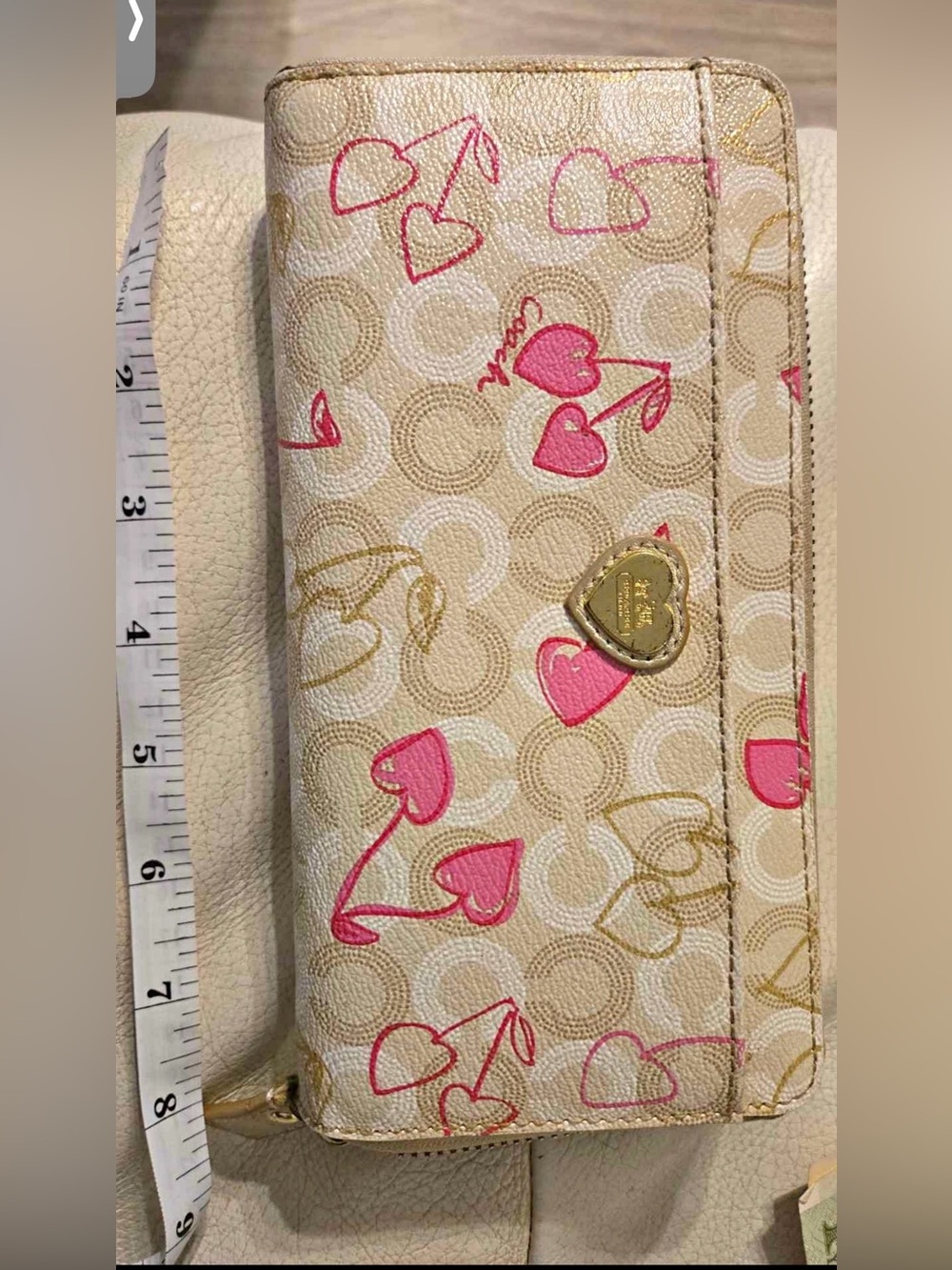 Coach Beige Signature Continental Wallet with Pink Heart Motif